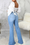 Blaue, lässige, solide Patchwork-Denim-Jeans mit mittlerer Taille und Boot-Schnitt