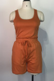 Orange Pink Casual Solid Patchwork U Neck Sleeveless Two Pieces