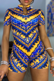 Blue Sexy Print Patchwork Zipper Collar Skinny Rompers