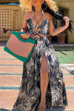 Green Sexy Print Hollowed Out Patchwork Backless High Opening Halter A Line Dresses