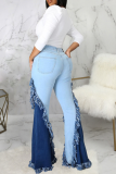 Babyblauwe casual denim jeans met effen kwastjes en halfhoge taille
