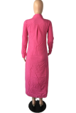 Розово-красное повседневное однотонное платье-рубашка с отложным воротником и разрезом Платья Платья