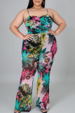Green Sexy Print Patchwork Spaghetti Strap Plus Size Jumpsuits
