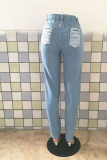Jeans de mezclilla ajustados rasgados sólidos informales azul bebé