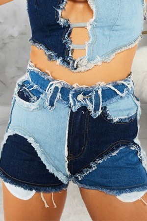 Blue Casual Patchwork Make Old Mid Waist Skinny Denim Shorts