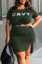 Vert olive Fashion Casual Letter Print Basic O Neck Plus Size Two Pieces