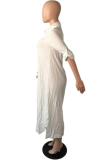Cream White Casual Solid Slit Turndown Collar Shirt Dress Dresses