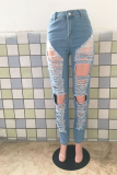 Babyblå Casual Solid Ripped Skinny Denim Jeans