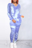 Tibetan Blue Casual Print Tie Dye Patchwork V Neck Long Sleeve Two Pieces