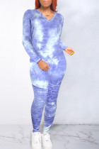 Water Blue Casual Print Tie Dye Patchwork V Neck Long Sleeve Two Pieces