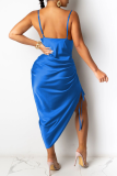 Blue Sexy Solid Patchwork Spaghetti Strap Irregular Dress Dresses