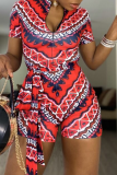 Red Sexy Print Patchwork Zipper Collar Skinny Rompers