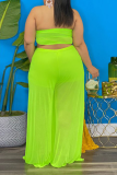Fluorescent Green Casual Solid Patchwork Strapless Plus Size Two Pieces