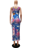 Blue Sexy Print Hollowed Out Spaghetti Strap Pencil Skirt Dresses