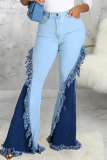 Jeans de mezclilla con corte de bota de cintura media con borla sólida casual azul bebé