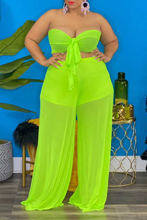 Fluorescent Green Casual Solid Patchwork Strapless Plus Size Two Pieces