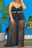 Black Casual Solid Patchwork Strapless Plus Size Two Pieces