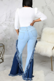 Babyblauwe casual denim jeans met effen kwastjes en halfhoge taille