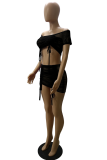 Black Sexy Solid Mesh Off the Shoulder Short Sleeve Two Pieces
