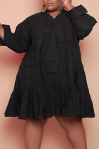 Zwarte casual effen patchwork volant V-hals prinses plus size jurken