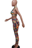Multi-color Sexy Print Hollowed Out Patchwork Halter Sleeveless Two Pieces
