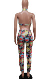Multi-color Sexy Print Hollowed Out Patchwork Halter Sleeveless Two Pieces