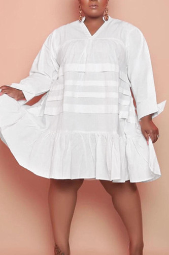 Branco casual sólido patchwork babado com decote em V vestidos princesa plus size