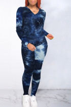 Tibetan Blue Casual Print Tie Dye Patchwork V Neck Long Sleeve Two Pieces