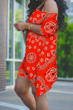 Red Casual Print Patchwork One Shoulder Plus Size Two Pieces