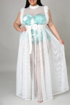 Witte sexy grote maat patchwork doorschijnende mouwloze jurk zonder riem met coltrui