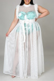 Белое сексуальное прозрачное платье больших размеров в стиле пэчворк без пояса без рукавов с высоким воротником
