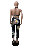 Black Fashion Sexy Print Backless Strap Design Halter Sleeveless Two Pieces