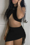Black Fashion Sexy Solid Draw String Backless Halter Sleeveless Two Pieces