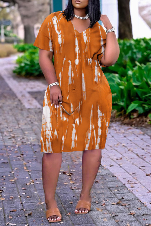 Vestido laranja fashion casual plus size com estampa básica decote em v manga curta