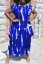 Blauwe mode plus size print asymmetrische O-hals jurk met korte mouwen