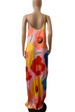 レッド ファッション カジュアル プラス サイズ プリント バックレス スパゲッティ ストラップ ロング ドレス