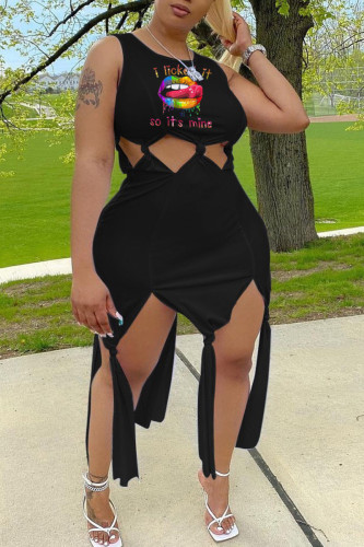 Black Sexy Casual Plus Size Print Tassel Ripped O Neck Vest Dress