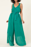 Khaki Casual Solid Patchwork Spaghetti Strap Loose Jumpsuits