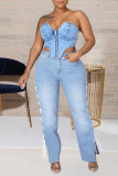 Mittelblaue, modische, lässige, solide Verbandschlitz-Jeans in Übergröße