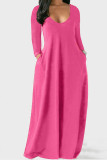 ピンクのカジュアルなソリッドパッチワークVネックストレートドレス