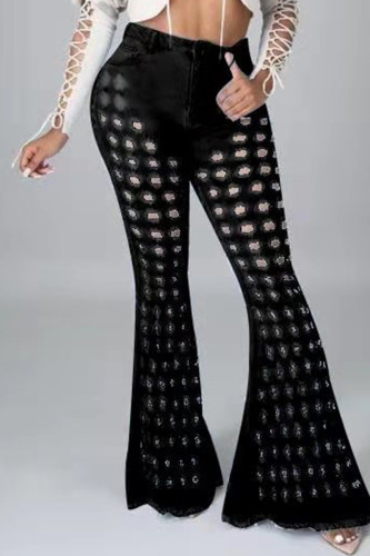 Black Fashion Casual Solid Hollowed Out High Waist Regular Hole Flare Leg Jeans