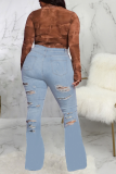 Baby Blue Casual Solid Patchwork High Waist Boot Cut Denim Jeans