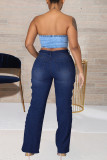 Jeans de talla grande con abertura de vendaje sólido casual de moda azul medio