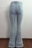 Light Blue Fashion Casual Solid Hollowed Out High Waist Regular Jeans