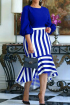 Blauwe mode casual print patchwork O-hals onregelmatige jurk