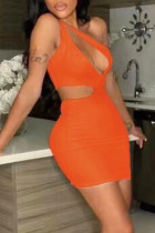 Vestido laranja fashion sexy sólido vazado um ombro sem manga