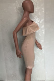 ベージュのファッションセクシーなソリッドバックレススリットスパゲッティストラップノースリーブドレス