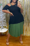 Зеленое модное повседневное платье больших размеров в стиле пэчворк с косым воротником и коротким рукавом