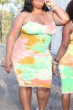 Vestido azul rosa moda sexy plus size estampa tie dye sem costas alça de espaguete sem manga