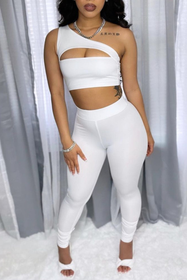 White Fashion Sexy Solid Hollowed Out One Shoulder Sleeveless Two Pieces